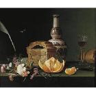 Still life with pie, orange and flowers on ledge by 
																	Pierre Etienne Remillieux