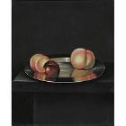 Still life with peaches and apple on pewter plate by 
																	William Jones of Bath
