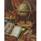 Still life with a globe, books, shells and coral resting on a stone ledge by 
																	Simon Renard de Saint-Andre