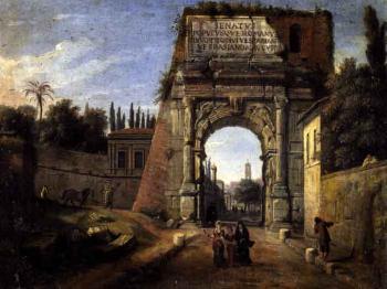 Rome, view of the Arch of Titus with figures strolling
