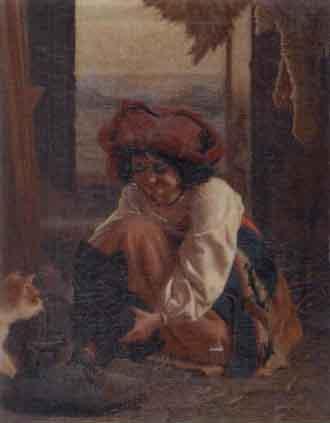 Girl with kittens at an open window, landscape beyond by 
																	Edmund Eagles