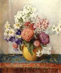 Mums, daisies, phlox in a yellow vase by 
																	Frances S Eanes