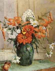 Zinnias, tiger lilies, daisies in a green porcelain vase by 
																	Frances S Eanes