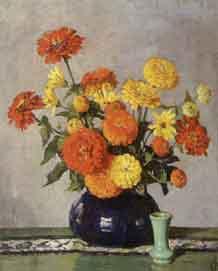 Red and orange zinnias in a cobalt vase by 
																	Frances S Eanes
