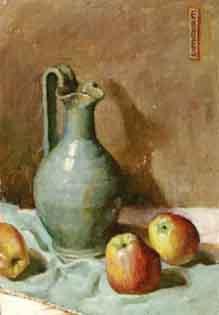 Still life with green pitcher and apples by 
																	Frances S Eanes