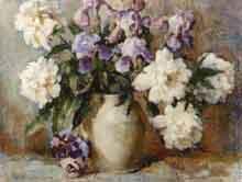 White peonies and iris in a white vase with pansies by 
																	Frances S Eanes