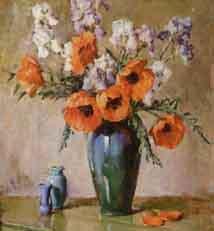 Orange poppies in a tall blue vase with two bottles by 
																	Frances S Eanes