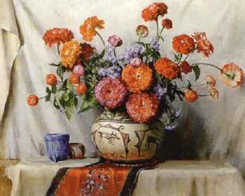 Red and orange zinnias in an Indian vase by 
																	Frances S Eanes