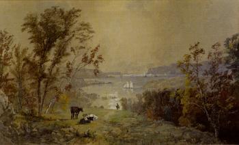 Hudson River landscape, with sailboats and cows along bank by 
																	Jasper Francis Cropsey