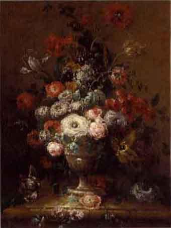 Roses, peonies and other flowers in a gilt urn on a ledge. Peonies, roses other flowers in an urn by 
																			Johann Zagelmann