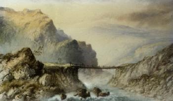 Highland landscape with figures crossing a bridge over a river by 
																	Edwin Earp