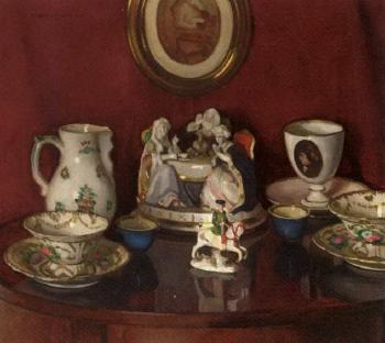 Still life of figurines and china on a polished table by 
																	Istvan Zador