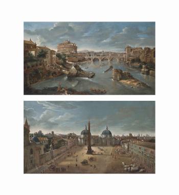 A view of the Tiber, Rome, with Castel Sant'Angelo; and Piazza del Popolo, Rome, looking south towards the churches of Santa Maria di Monte Santo and Santa Maria dei Miracoli