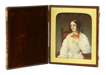 Portrait of a Young Woman, Half Length, seated in an armchair, in a White dress with a red bow by 
																			Chester Earles