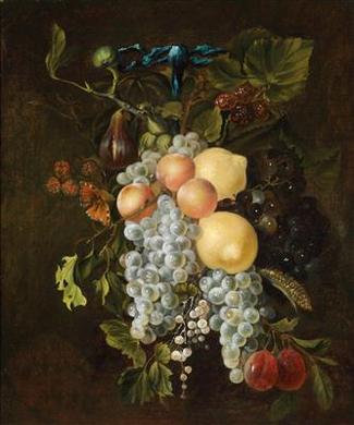 A still life of fruit with grapes, lemons, plums, apricots and berries by ADRIAEN VAN UTRECHT