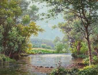 Stepping stones on the river by RENE CHARLES EDMOND HIS