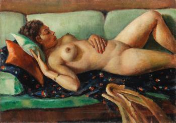 Nu couché au divan blue (Nude Reclining on a Blue Couch) by 
																	Mahmud Said