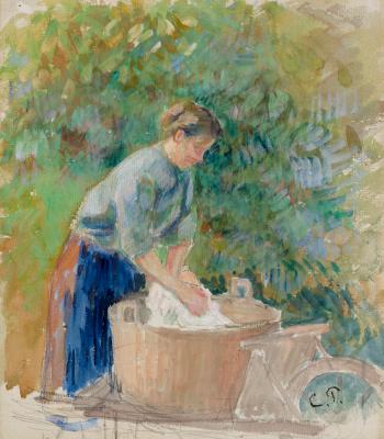 Femme lavant du linge dans un baquet by 
																	Camille Pissarro