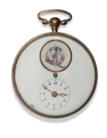 AN OPENFACE VERGE WATCH WITH ADAM AND EVE AUTOMATON AND COMPASS, MOVEMENT NO.12379
