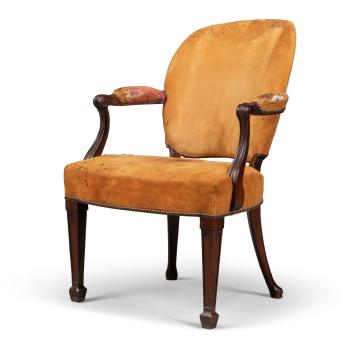 A GEORGE III MAHOGANY OPEN ARMCHAIR by 
																	Thomas Chippendale