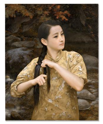 Girl Braiding Her Hair by 
																	 Shen Hanwu
