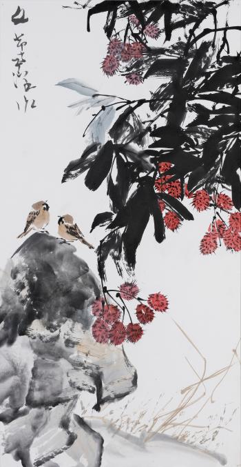 Two Sparrows with Rambutan Tree