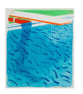 Pool made with paper and blue ink for book by 
																	David Hockney